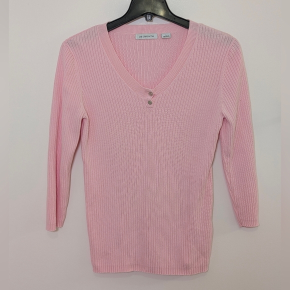 Liz Claiborne Pink Ribbed Cotton Henley Sweater L Soft Girl Romantic Coquette - Picture 2 of 7
